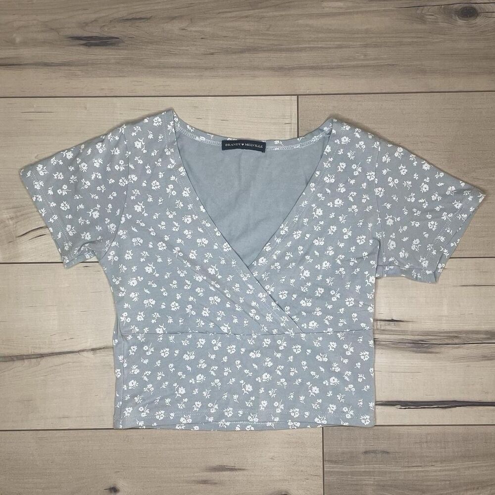 Brandy Melville Cottagecore Blue and White Floral Crop Top